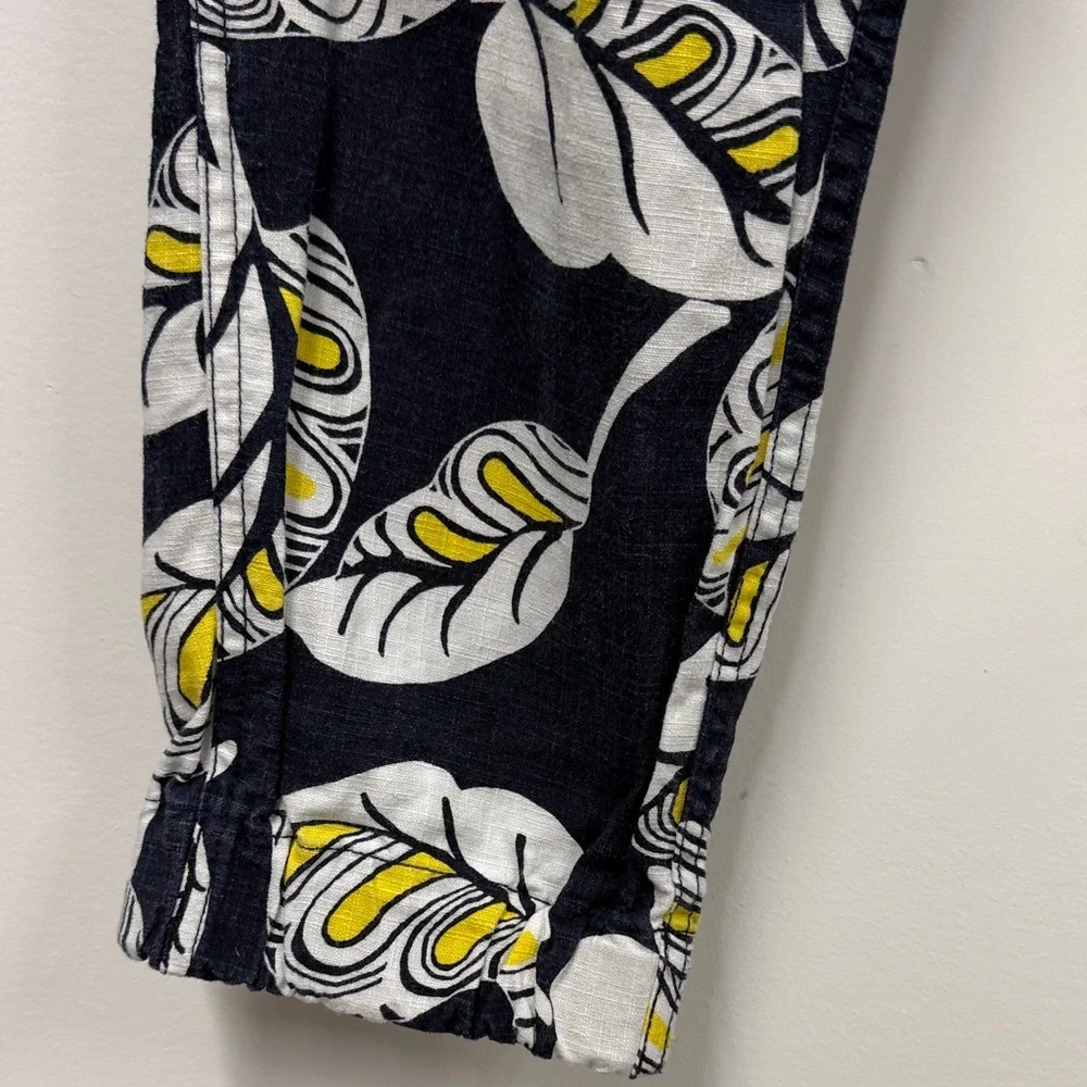 J.Crew Seaside pant in a navy blue, white, and yellow leaf print linen blend 2